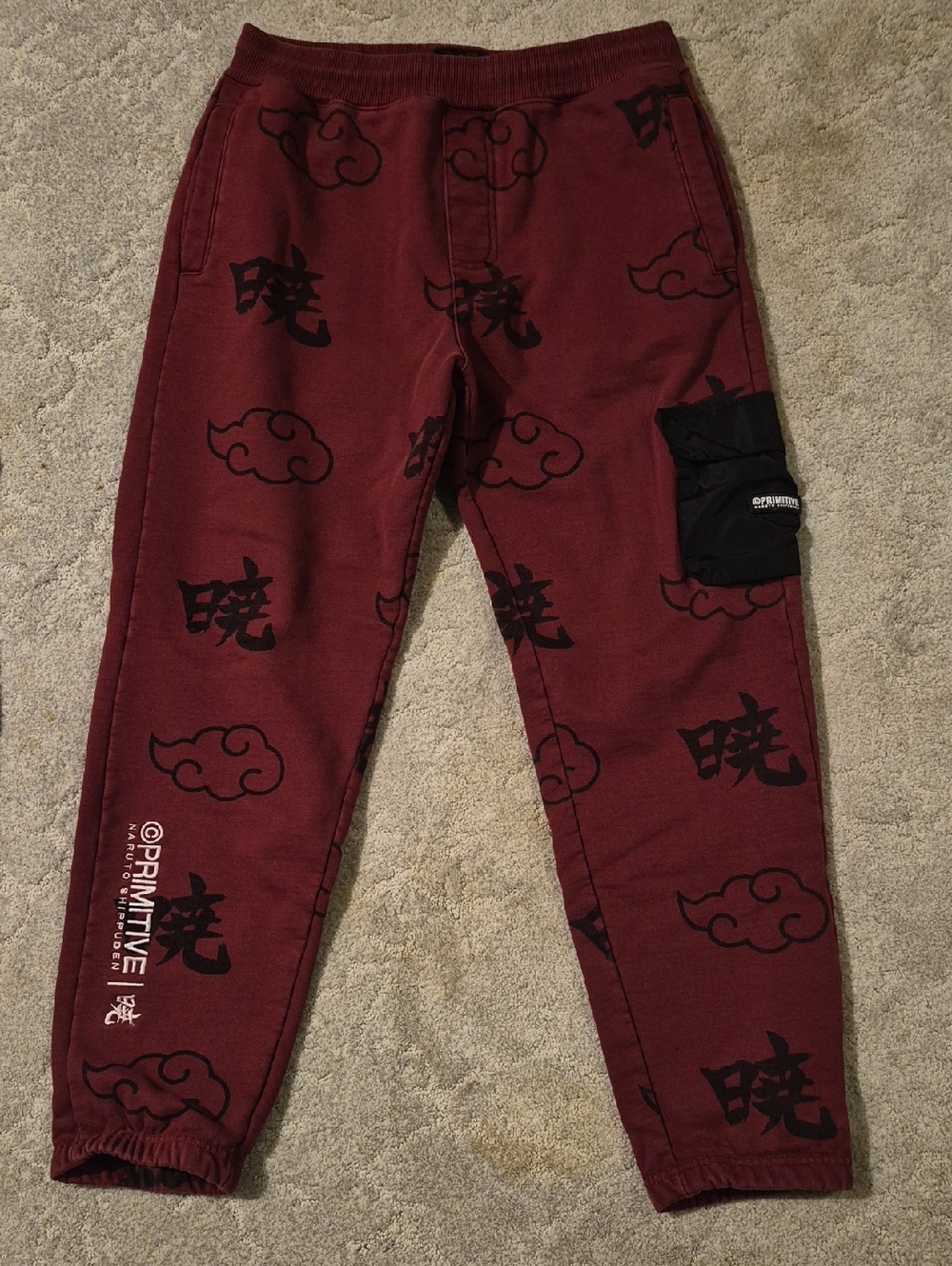 Mens Primitive Burgundy Jogger Pants with Black Kanji & Cloud Graphics